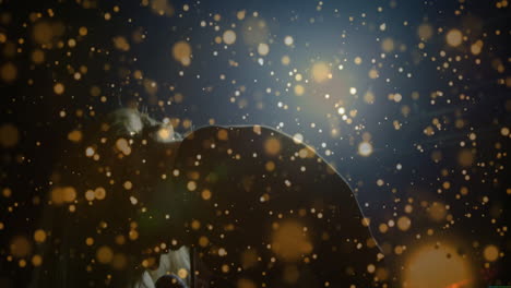 female singer performing on dimly lit music stage, surrounded by floating golden light particles