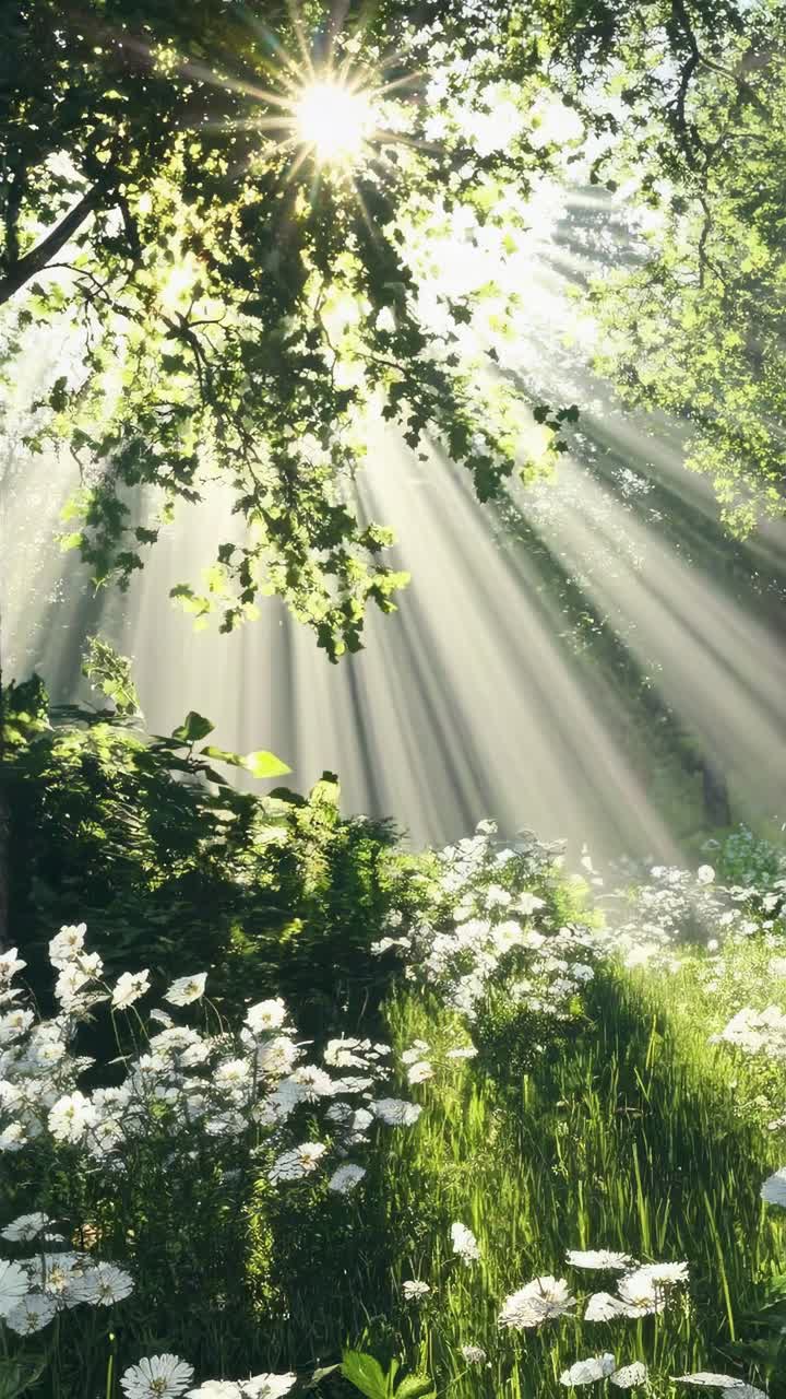 Sunlight filters through lush trees onto a meadow of white flowers