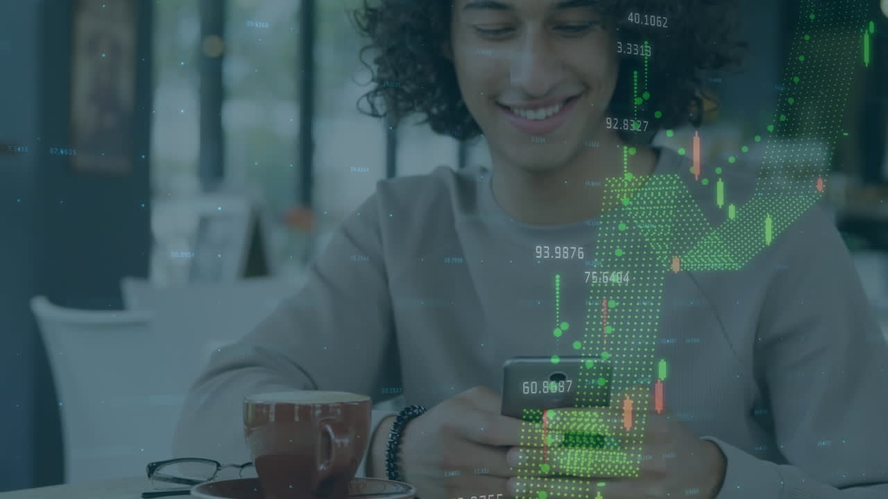 animación de estadísticas y procesamiento de datos sobre un empresario que usa un teléfono inteligente