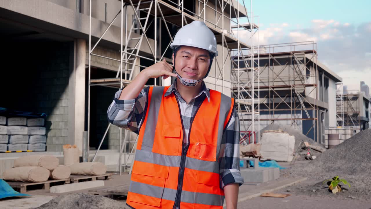Asian Male Engineer With Safety Helmet Smiling To Camera And Making Call Me Gesture While Standing At Building & Construction Site in Progress to New House