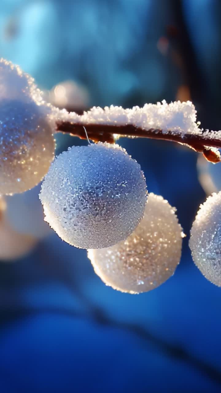 Delicate Frosted Orbs Glimmering on a Branch with a Soft Blue Background, Showcasing Nature's Winter Beauty in Macro Detail, Capturing the Essence of a Frosty Morning Scene