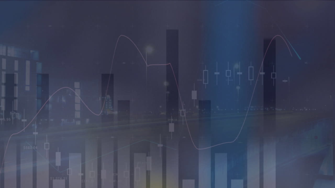 Animation of financial data processing over cityscape