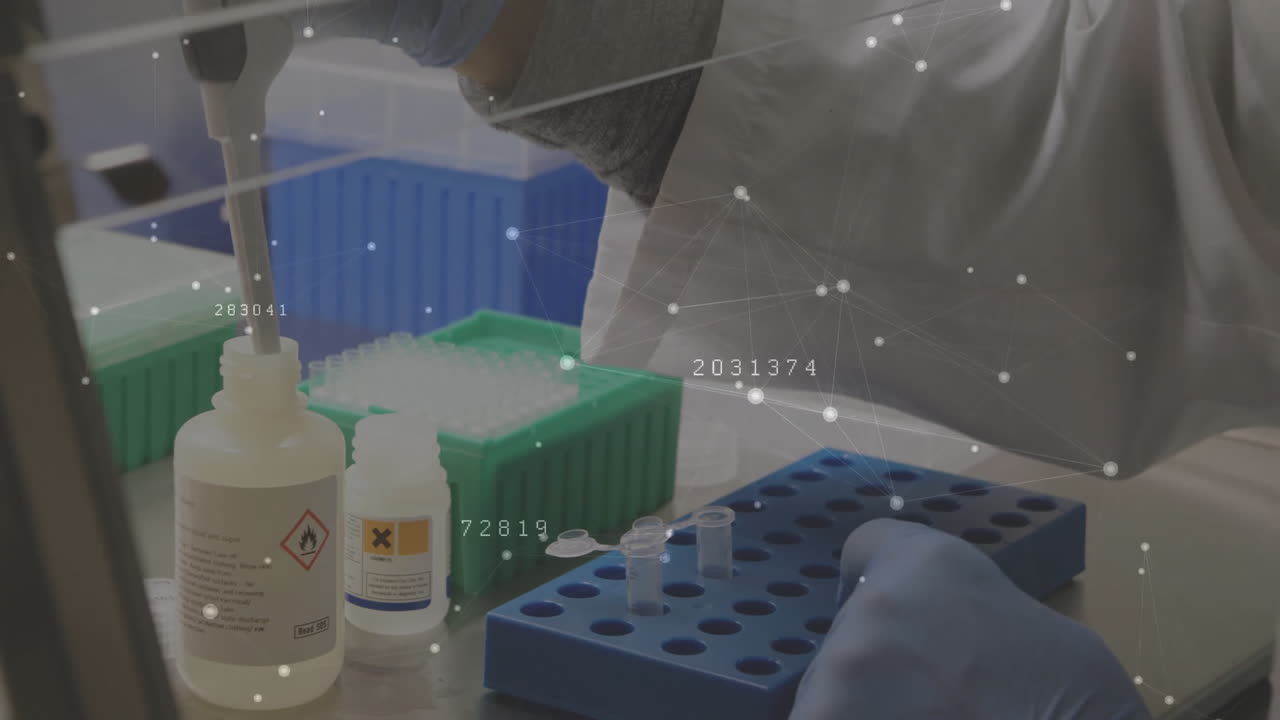 데이터 프로세싱 및 연결 네트워크의 애니메이션: 실험실에서 백인 남성 과학자