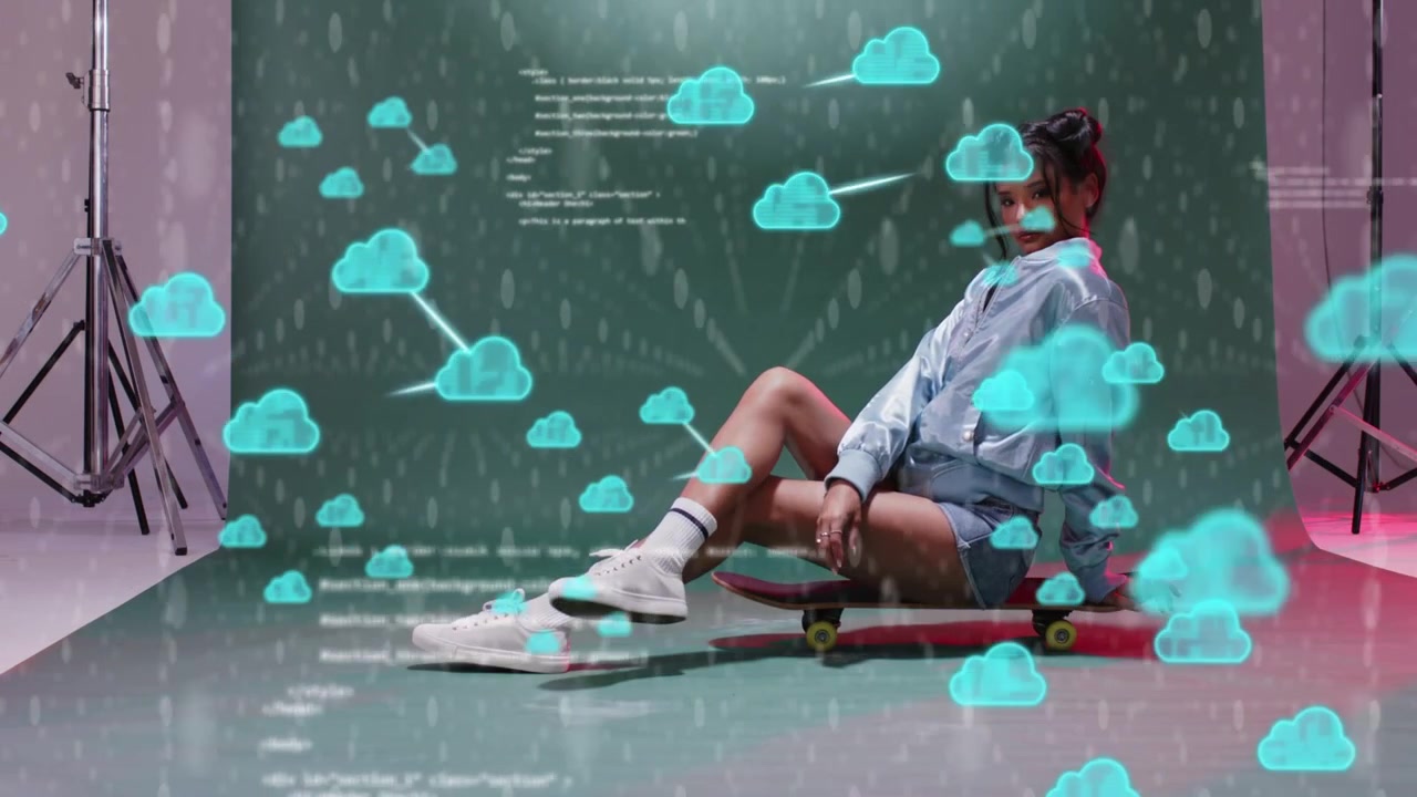 Female model shifting on skateboard as cyan cloud icons, code multiplying around her for fashion