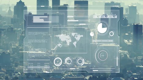 Animation-of-graphs,-map,-loading-circles-and-bars-over-aerial-view-of-cityscape