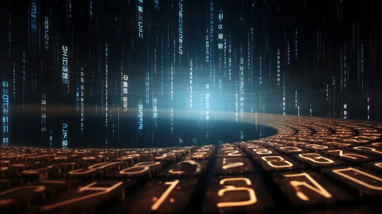 Futuristic video concept with a low-angle view of glowing digital numbers and letters