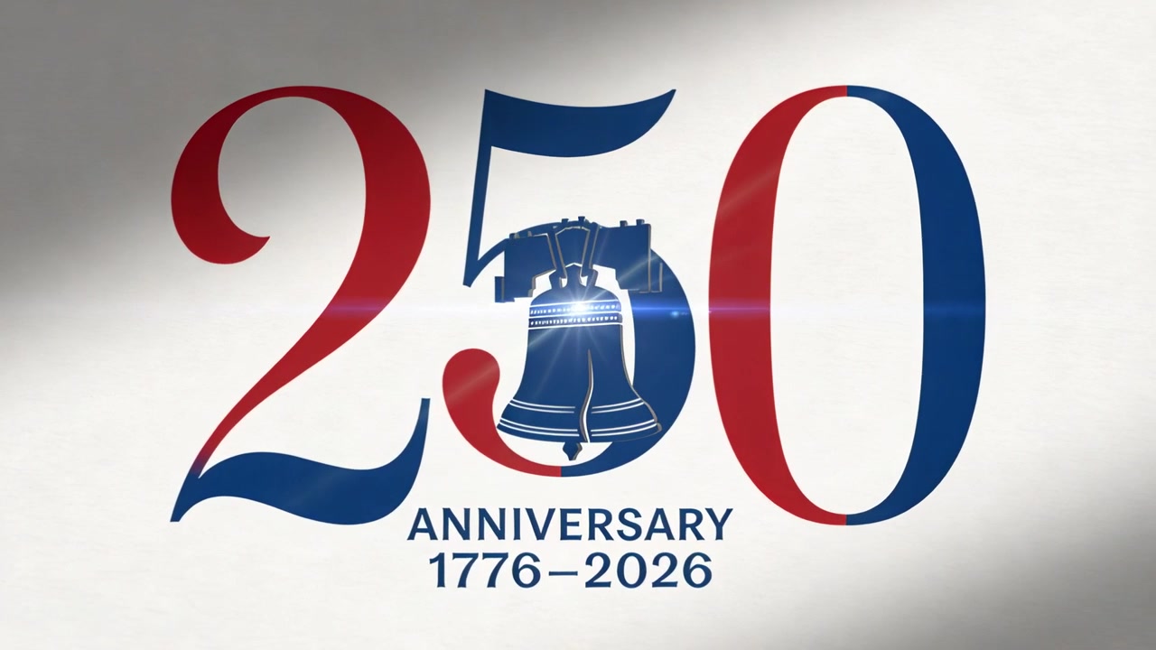 Svelato il logo stilizzato del 250° anniversario per la commemorazione del 1776-2026, con una transizione verticale che rivela una campana.