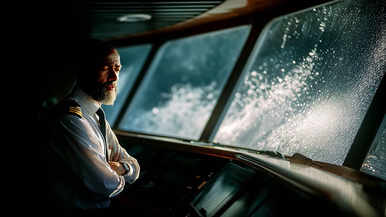 A Determined Captain Stares Out at the Stormy Seas: A Journey of Courage and Leadership Amidst a Turbulent Maritime Environment with Heavy Waves Pounding Against the Vessel