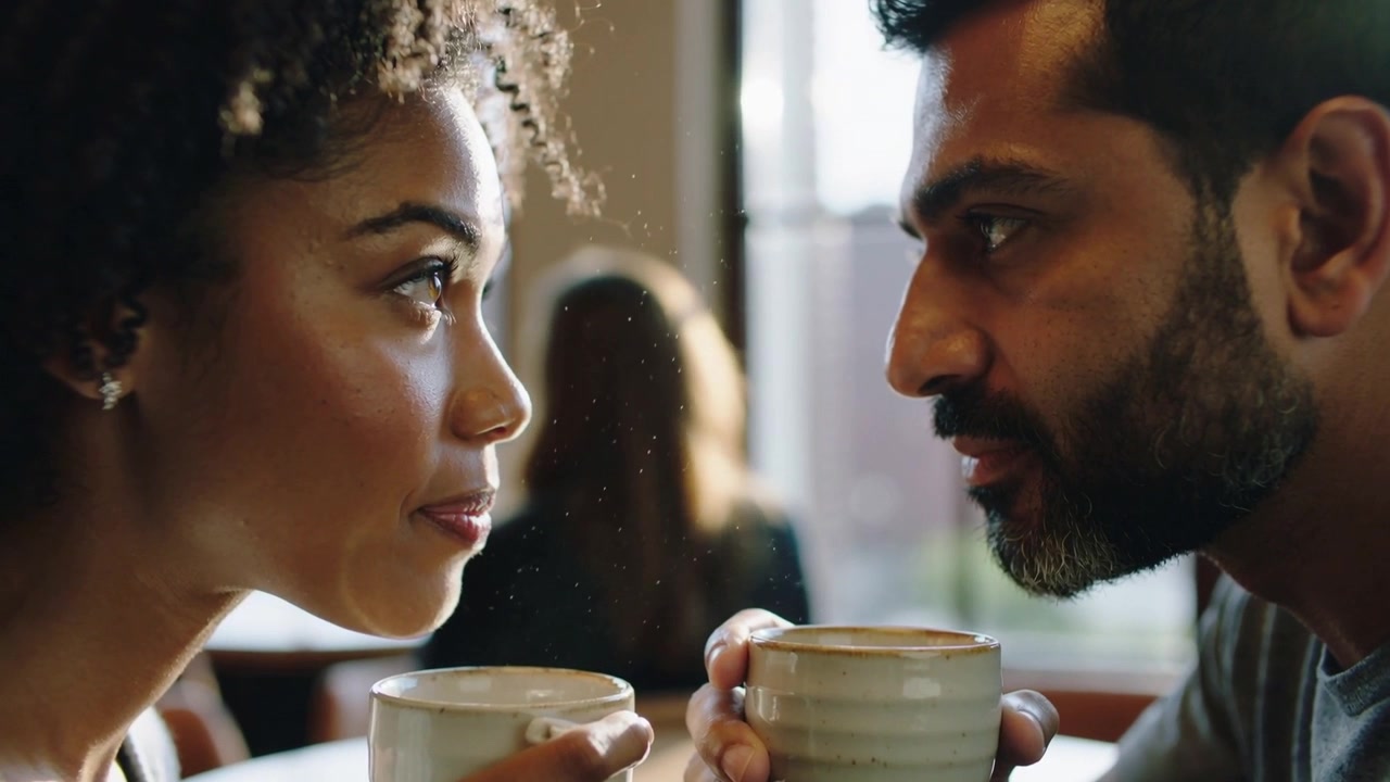 Rispondendo al contatto visivo, una coppia romantica in abiti casual si appoggia e tiene tazze di ceramica in un caffè.