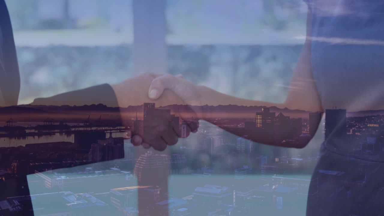 Animation of businessman handshake over cityscape