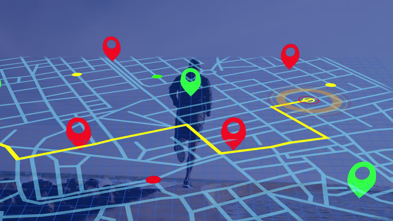navegador pin sobre navegación esquema de línea de mapa contra afroamericano hombre en forma corriendo en la playa