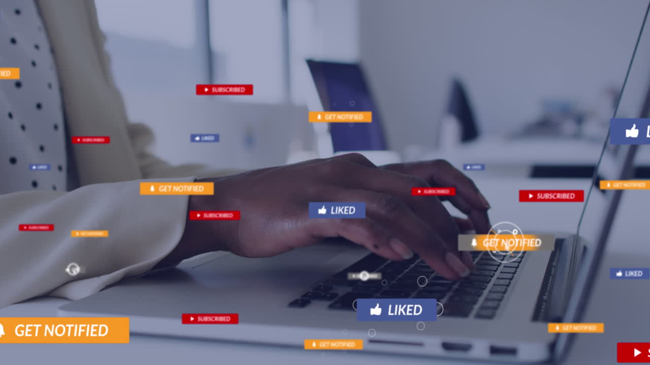 Animation of social media icons with texts over african american woman using laptop