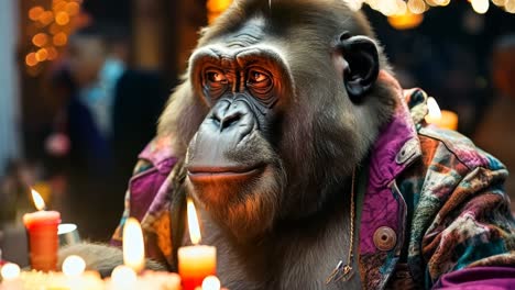 a gorilla sitting at a table with candles in front of him