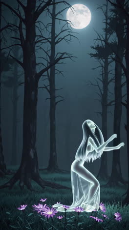 ghostly woman in the moonlight forest