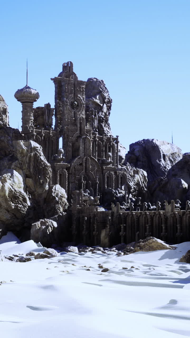 Ancient architecture in a snowy rocky landscape by day