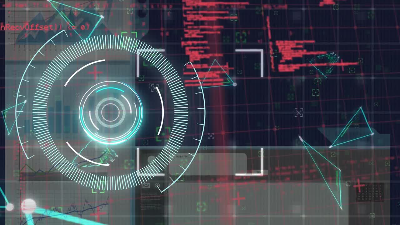 검은색 바탕에 보라색 둥근 스캐너, 데이터 처리 및 플렉서스 네트워크의 애니메이션