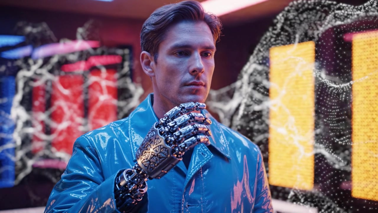 Una visione futuristica di tecnologia e umanità si fonde senza soluzione di continuità mentre un uomo con una mano robotica si trova in un ambiente illuminato al neon, esplorando l'intersezione tra uomo e macchina