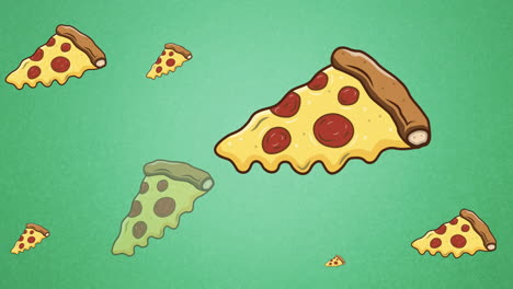 animación de varios iconos de pizza sobre un fondo verde