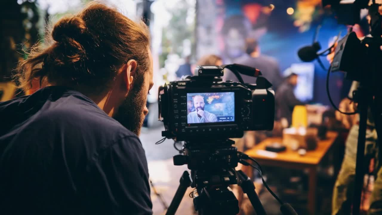 A behind-the-scenes view of a video shoot, featuring a close-up of a camera operator filming at eye