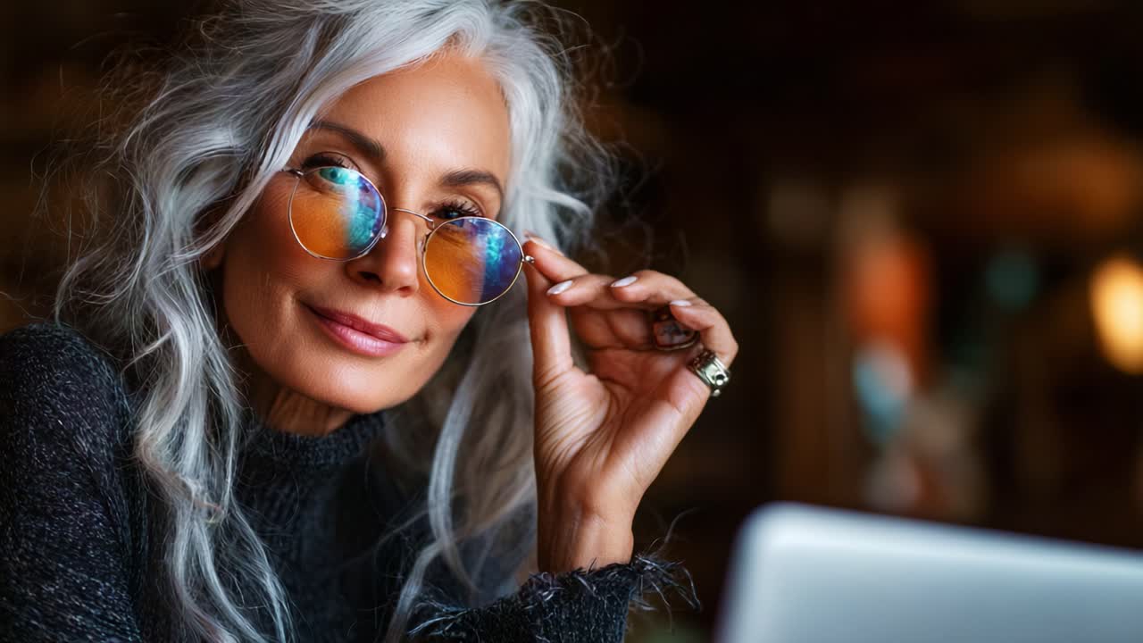 A Stylish Woman with Long Silver Hair and Sunglasses Focuses on Her Laptop, Embodying Elegance and Modernity in a Cozy Setting with Soft Lighting and Warm Atmosphere