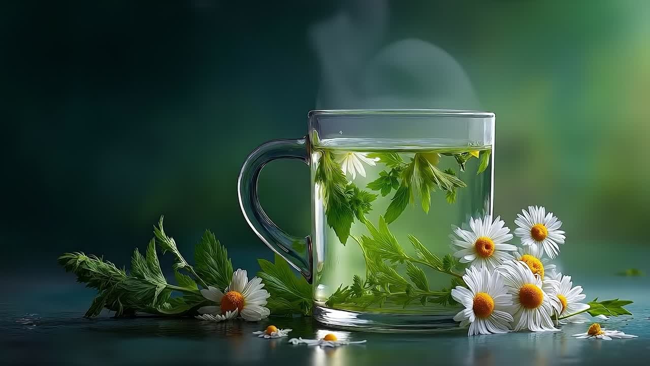 A glass cup of green tea with daisies on a table