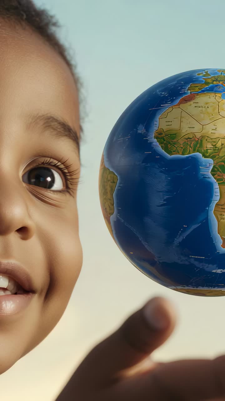 Vertical video: Placing fingertip boy smiling guiding toy globe turning in set learning, copy space