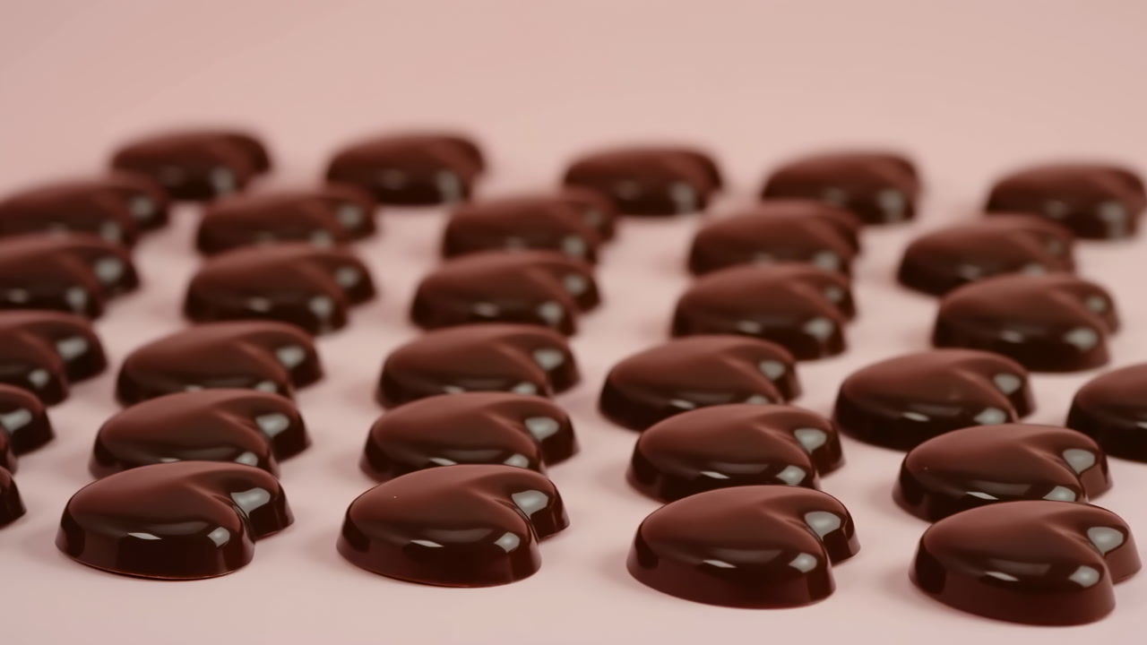 Rows Glossy Chocolate Bonbons On Pink Studio Macro Closeup Of Smooth Domed Pralines Arranged In Precise Grid,