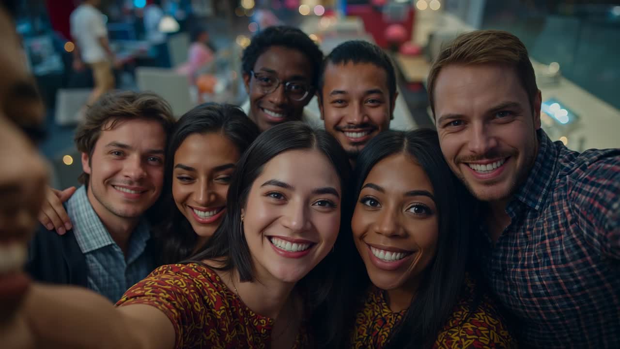 Leaning seven friends responding to phone held high adjusting heads at bar, with smartphone selfie