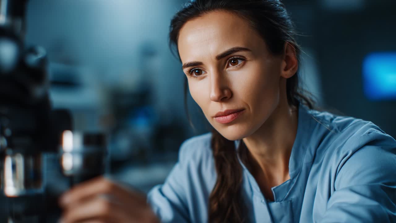 Ricercatore concentrato che analizza campioni al microscopio in un ambiente di laboratorio moderno, sottolineando l'importanza della precisione e dell'attenzione ai dettagli nel lavoro scientifico