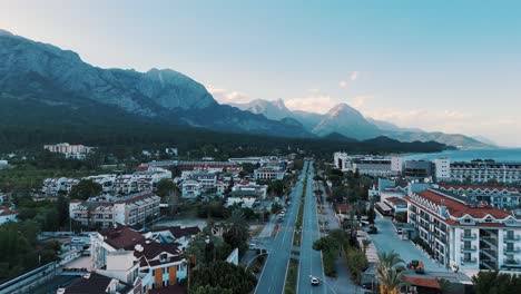 Drone-View-of-Kemer-City-of-Antalya,-Resort-Town-on-Mediterranean-Coast-of-Turkey