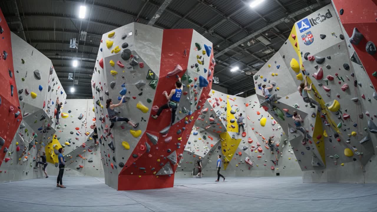 Indoor Rock Climbing Adventures: Athletes Scaling Diverse Boulder Routes in a Vibrant Climbing Gym Environment Focused on Skill, Technique, and Team Spirit