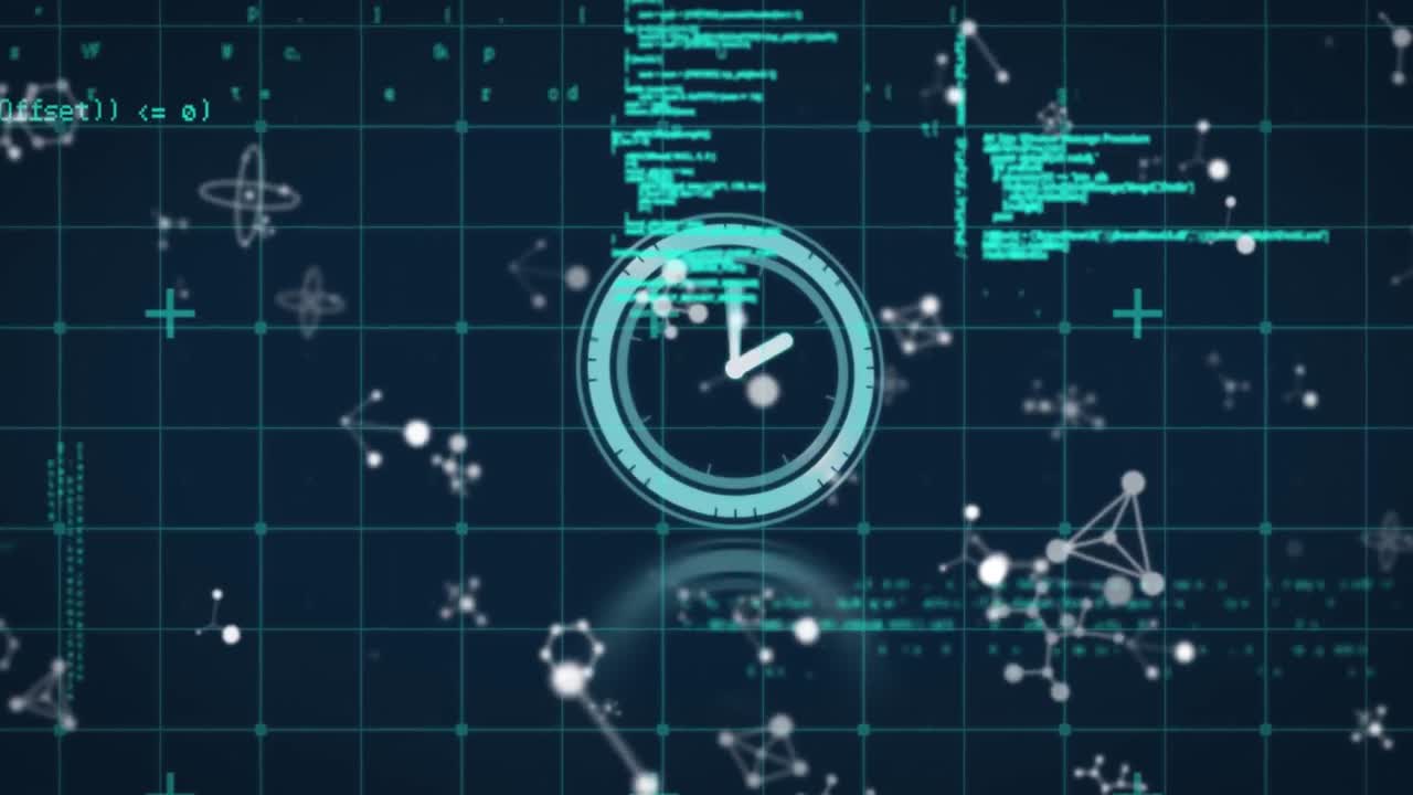 Animation of data processing, molecules and clock moving fast over gird