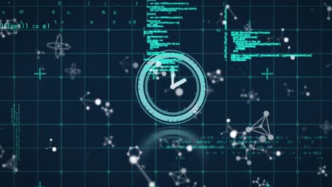 animation of data processing, molecules and clock moving fast over gird