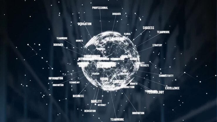 Digital animation of business concept texts over globe of network of connections against warehouse