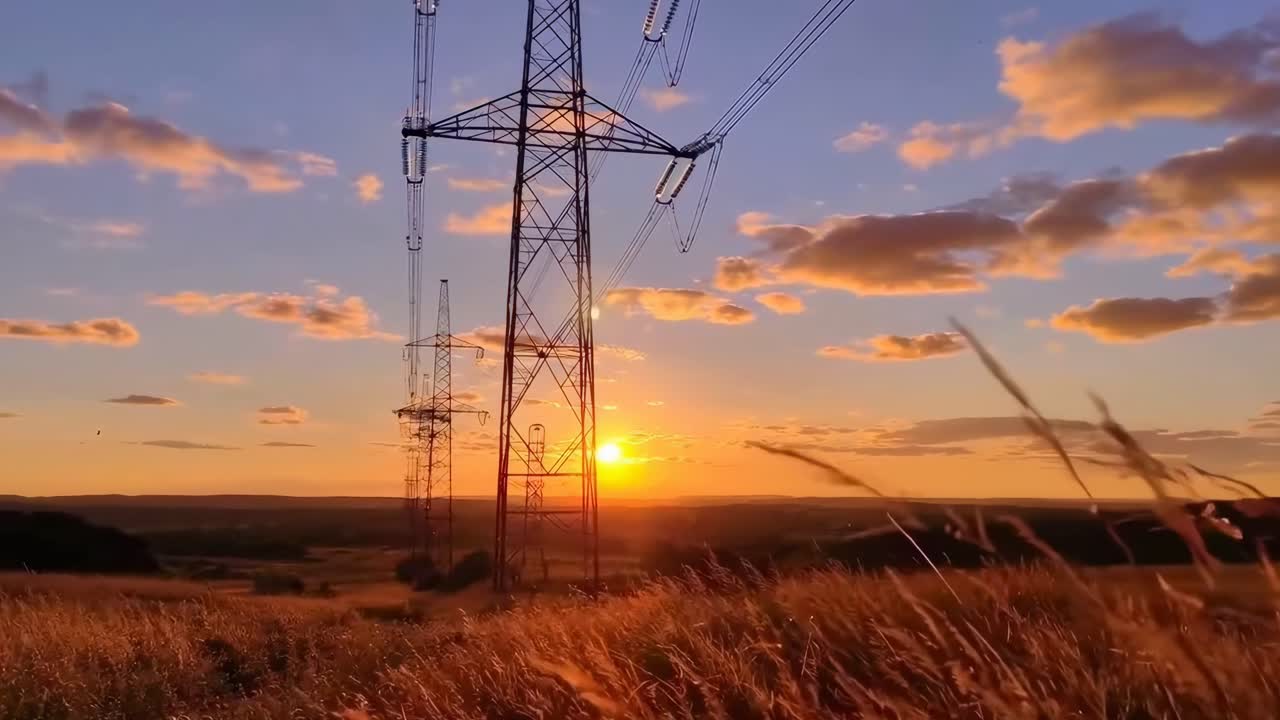 Vídeo em ângulo baixo de linhas de energia ao pôr do sol, capturando uma paisagem serena com tons dourados.