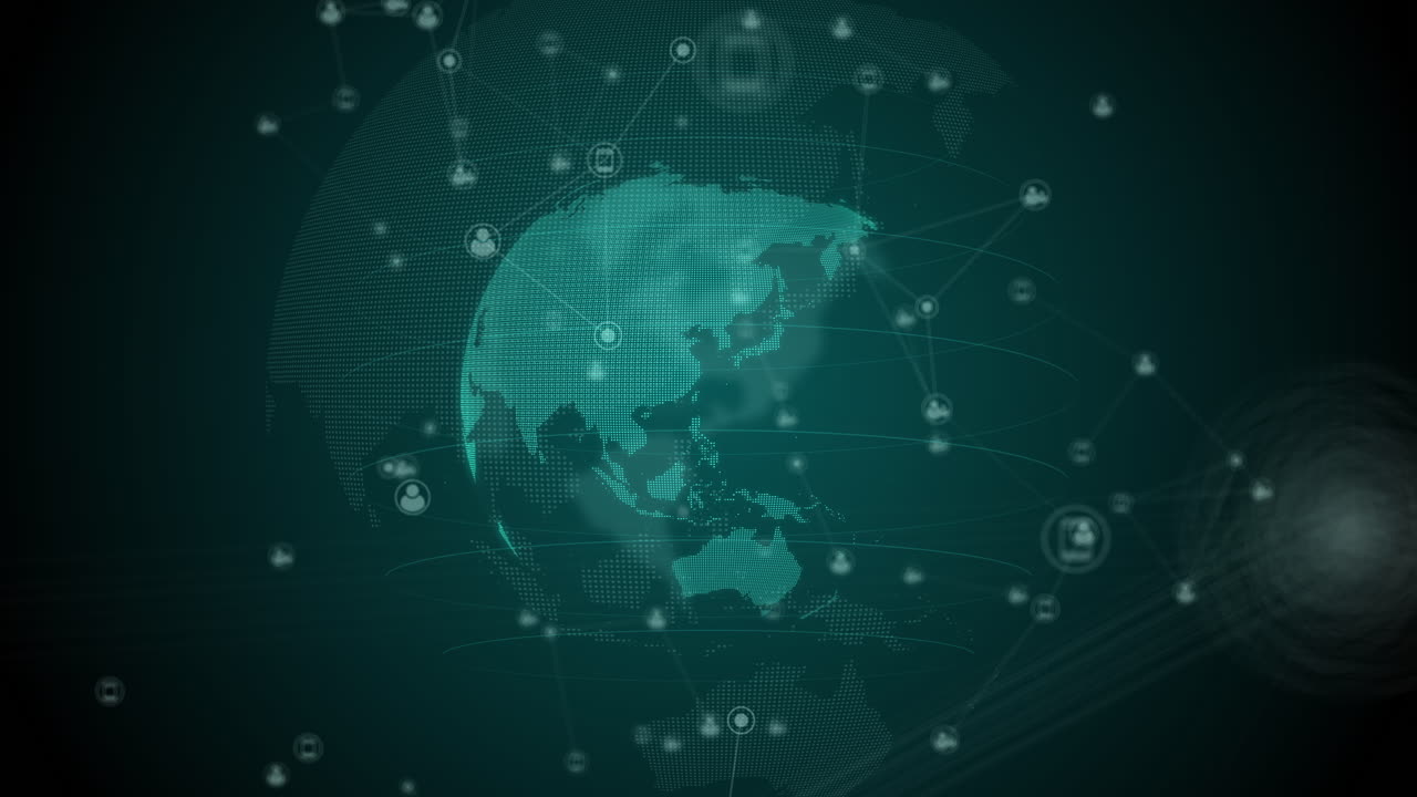 Rotating globe of the world with icons of internet users and gadgets on green background. Technology of connecting people. Looped animation.