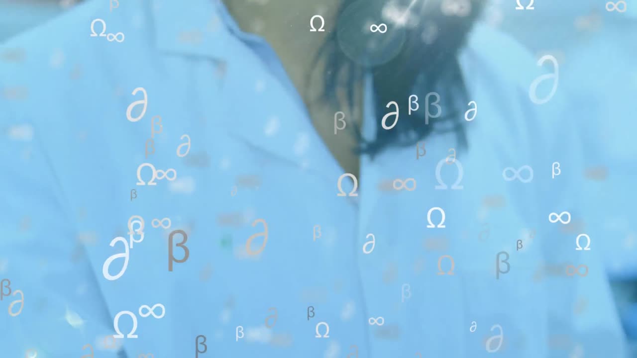 실험실에서 일하는 여성 과학자에 대한 수학적 기호