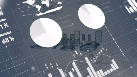 financial charts and graphs over city skyline animation