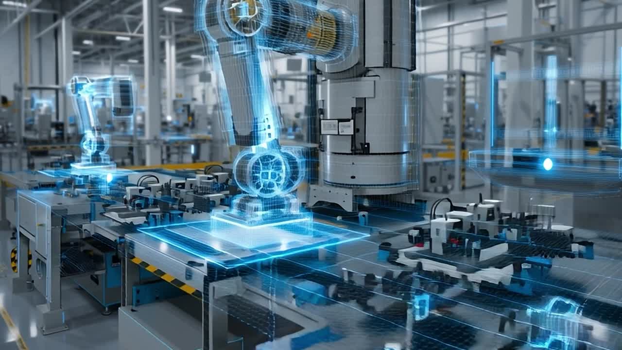 High-tech robotics assembly line in modern manufacturing plant