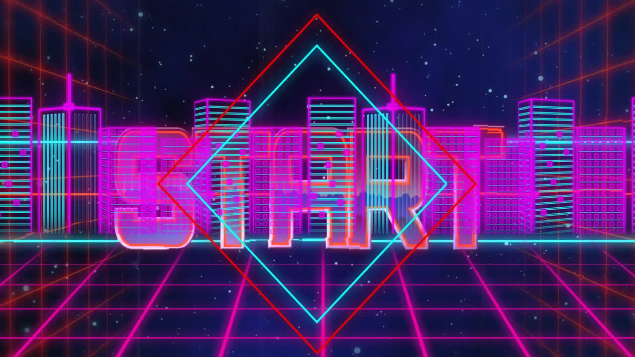 Neon cityscape with geometric shapes and grid lines, retro-futuristic animation
