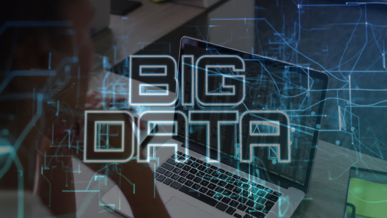 Big data text animation over person working on laptop with code on screen