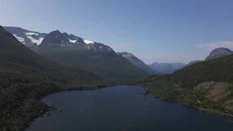 calm blue lake by the innerdalen mountains of norway -aerial