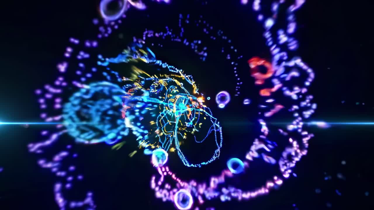 Abstract video with neon light trails and glowing orbs in a cosmic style
