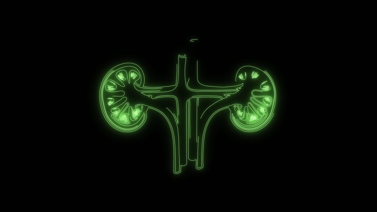 Glowing Green Human Kidney Anatomy Animation on Black Background
