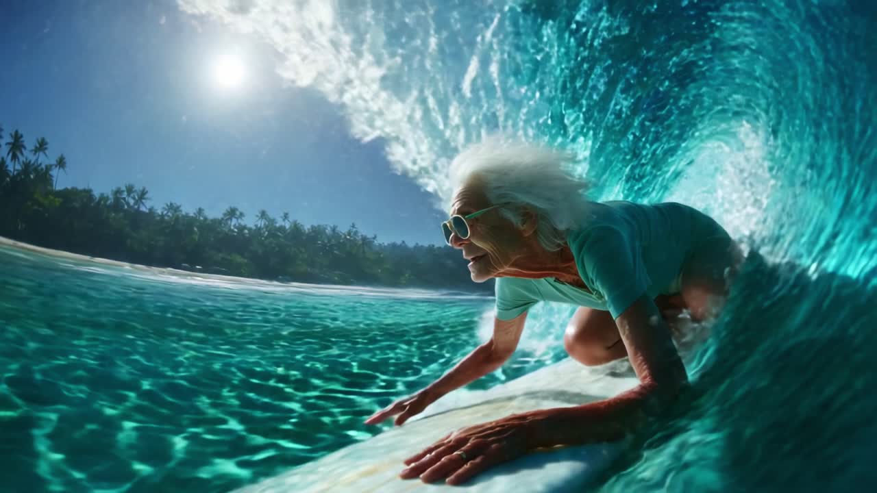 Astonishingly Bold Senior Surfer Embracing the Thrill of the Waves, Captured in Stunning Detail as She Conquers the Roaring Sea in an Exhilarating Surfing Adventure