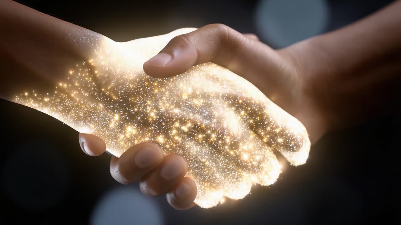 A Captivating Moment of Connection: Two Hands Uniting, Embellished with Glimmering Stars and Cosmic Sparkles, Symbolizing Unity and Shared Dreams
