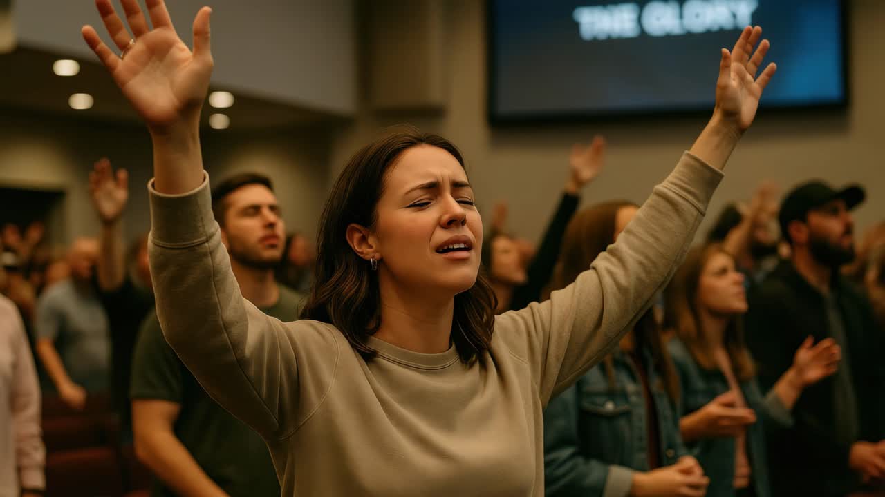 A video still captures a woman with raised hands in a worship setting