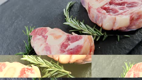 primer plano de chuletas de filete y romero en la tabla de cortar