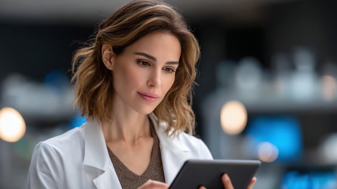 Focused Researcher Examining Data on Tablet in Modern Laboratory Setting, Illuminated by Soft Lighting, Showcasing Professionalism and Dedication to Science