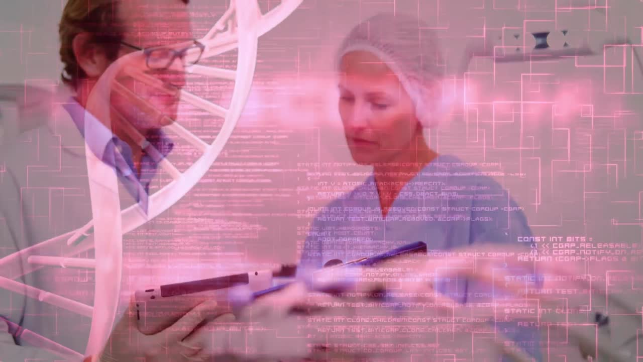 animación de la cadena de adn y procesamiento de datos sobre un médico caucásico masculino y femenino con tableta